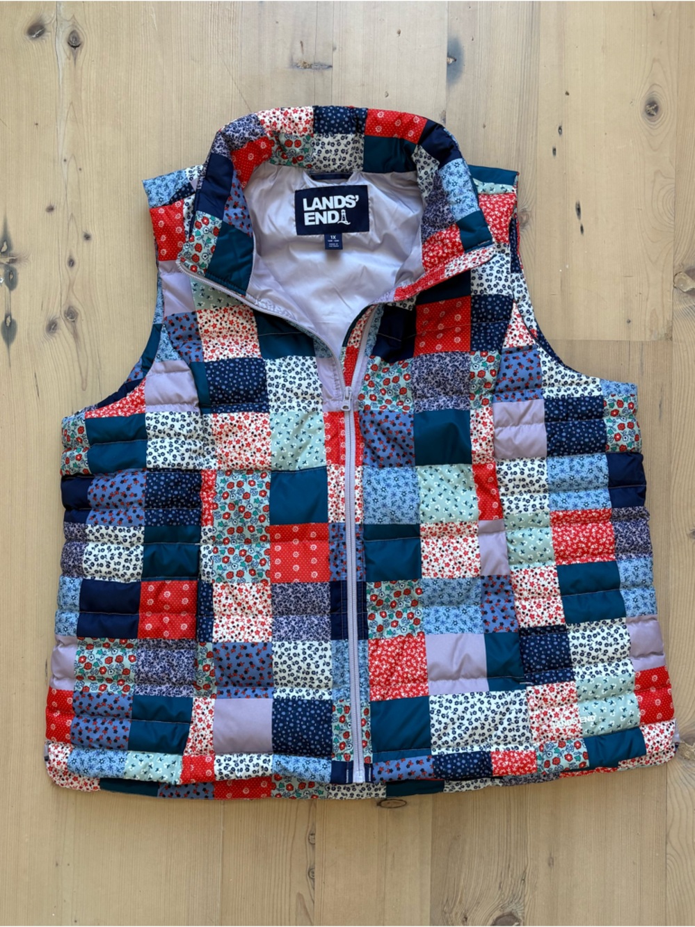 Lands' End Patchwork Print Quilted Down Puffer Vest - XL